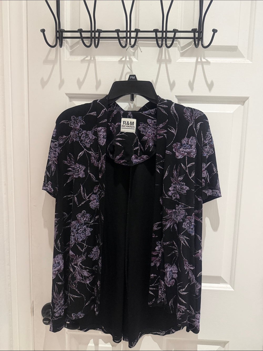 R&M Richards Black Open-Front Short Sleeve Tunic with Lavender Floral Print